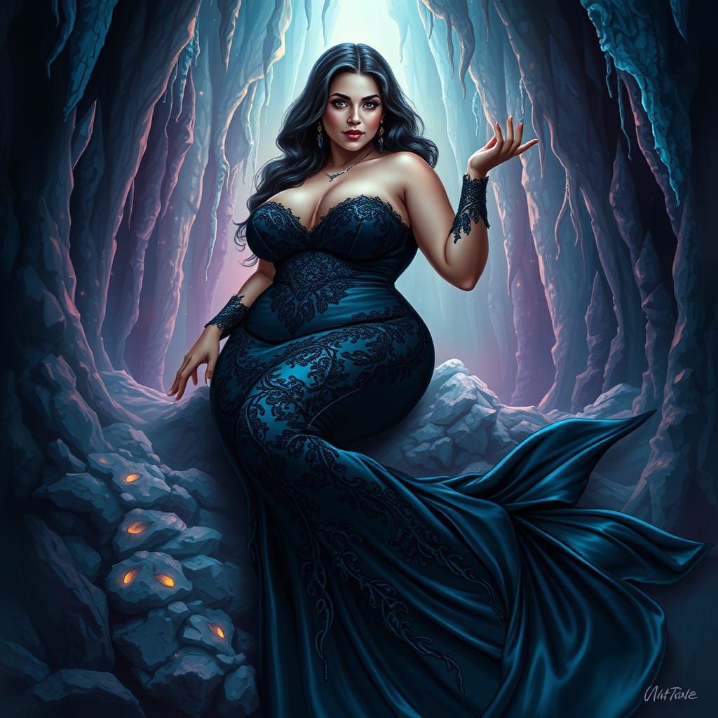 Curvy Woman in Gothic Lace Gown, Sorceress Surroundings