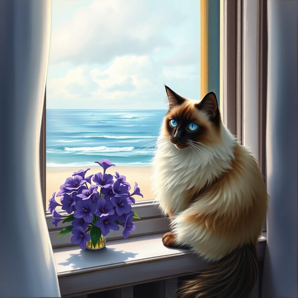 Siamese Cat Gazes at Ocean Beach View with Purple Flowers