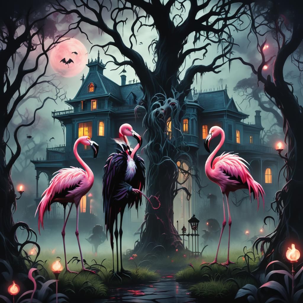 Zombie Flamingos at Haunted Mansion in Gothic Style