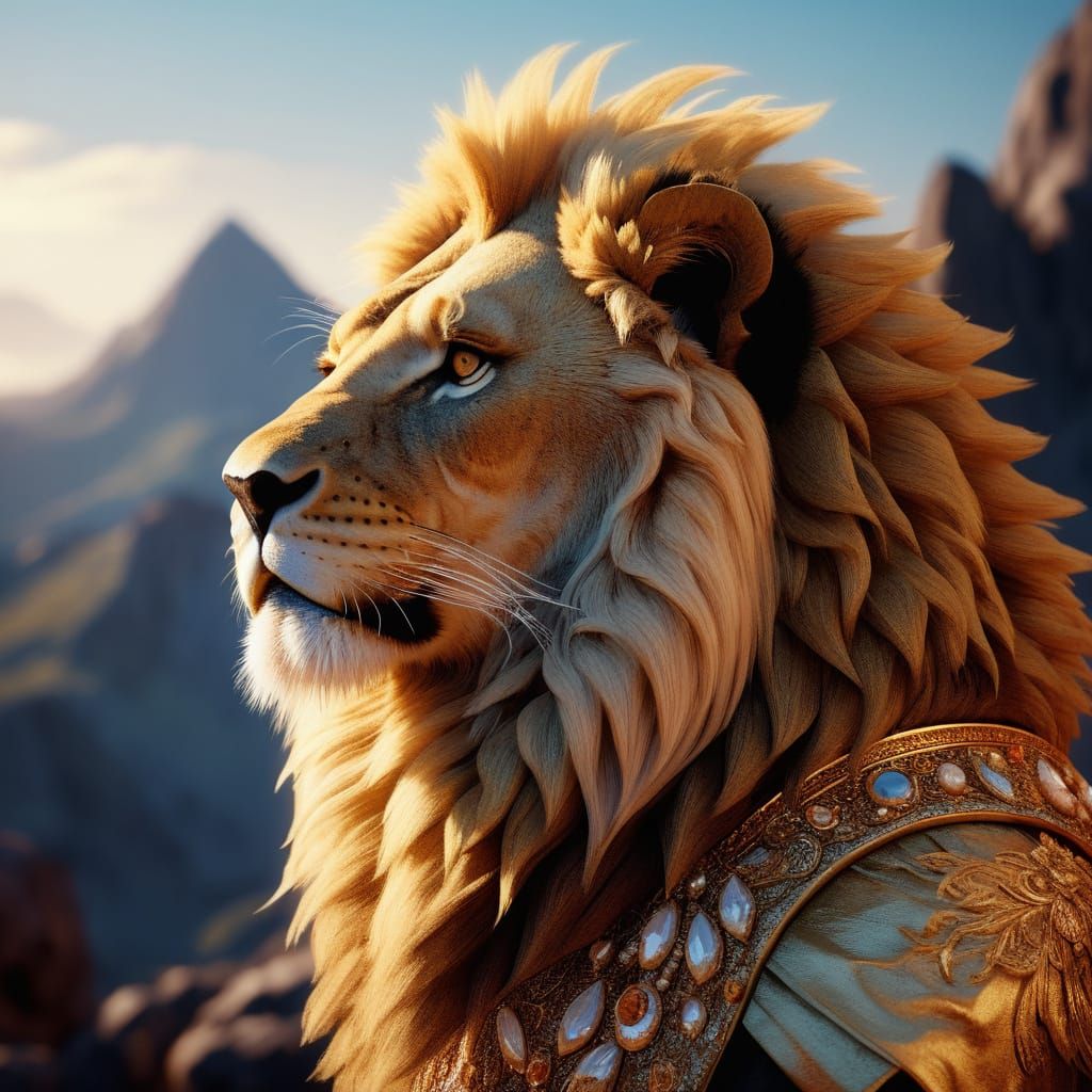 Golden Lion on Jeweled Mountain in Luxurious, Velvety Hues