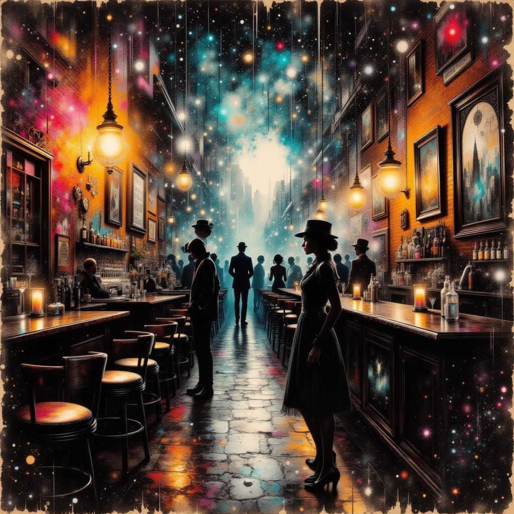 Abstract Speakeasy Painting in Mixed Media Style