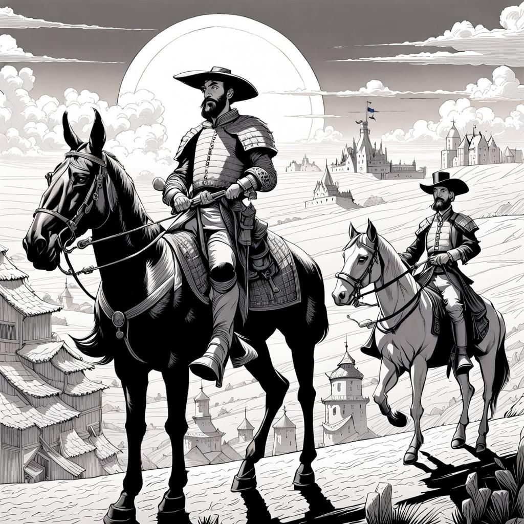 Don Quixote and Sancho Panza in Single Line Art