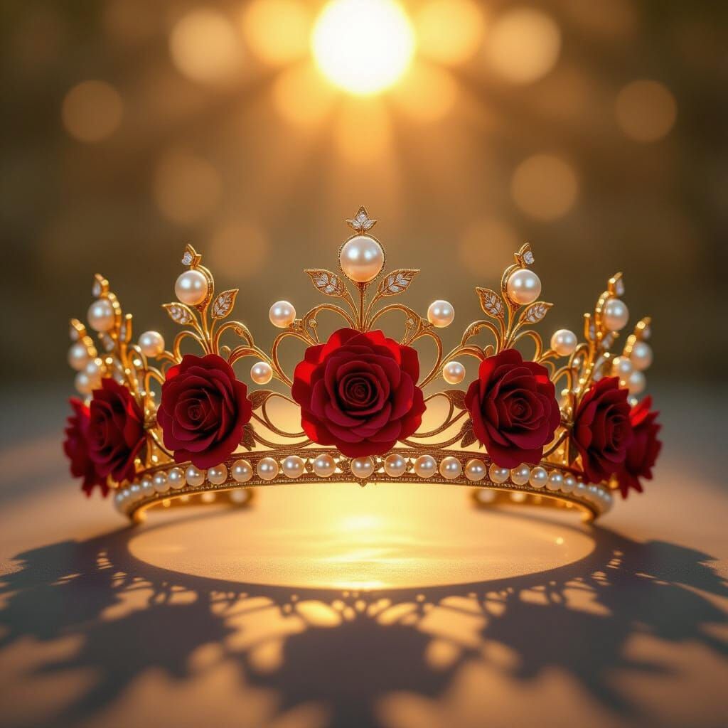 Golden Crown with Roses and Pearls at Sunset