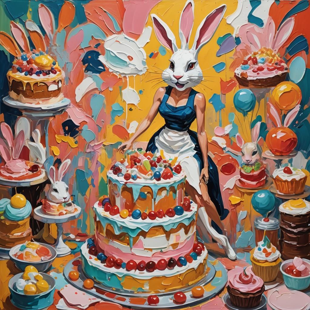 Playboy Model Pops From Bunny Cake, Impressionist Gouache