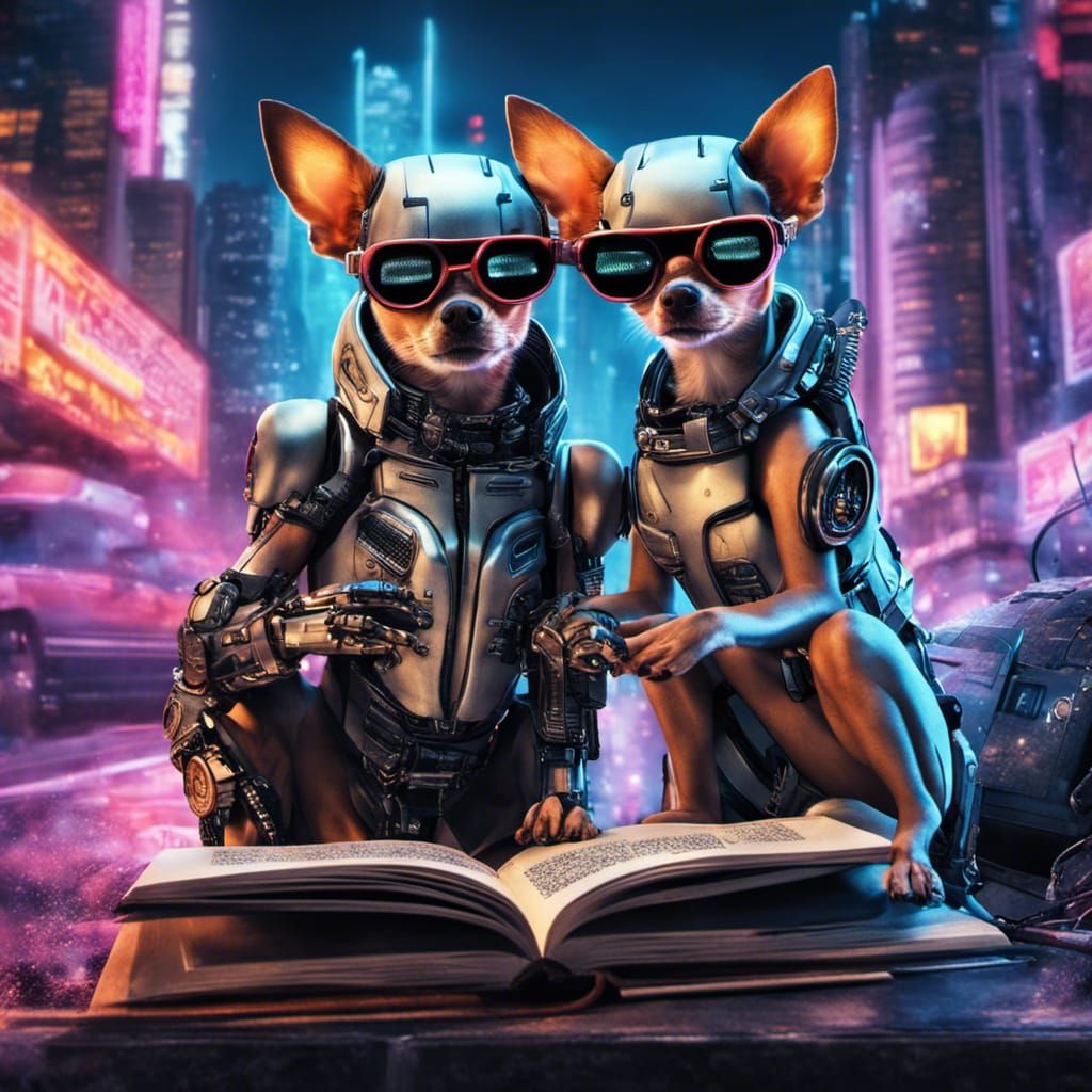 Chihuahuas and Cyborg Girl in Neon City, 3D Comic Style