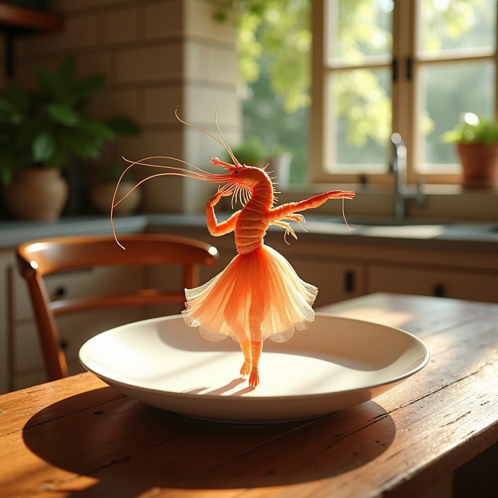 Shrimp Dancer on China Plate: Ethereal Kitchen Scene