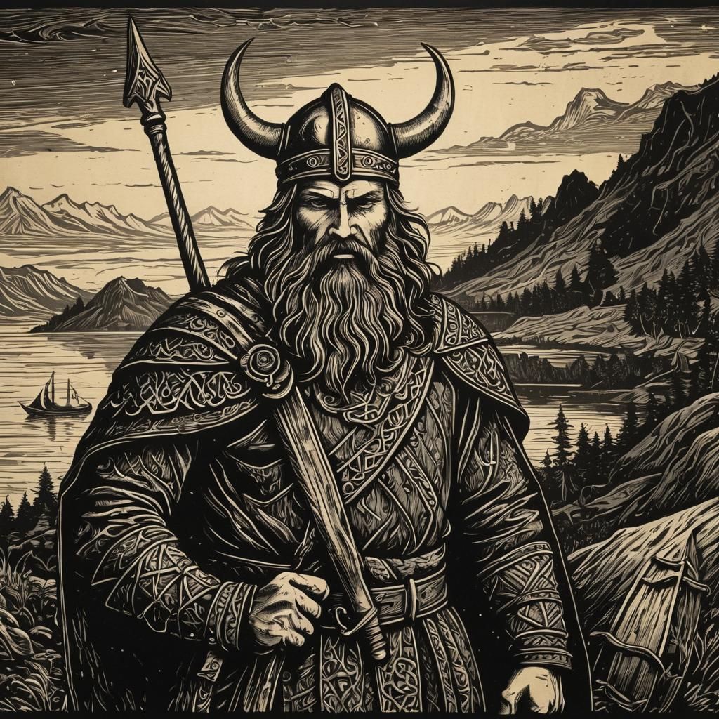 Viking Portrait in Woodcut Style