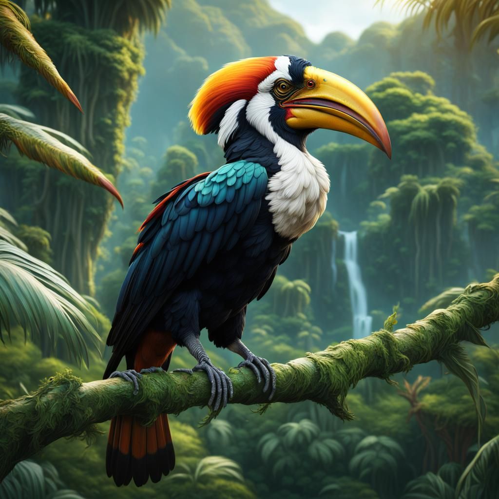 Majestic Hornbill in Lush Greenery: Fantasy Art