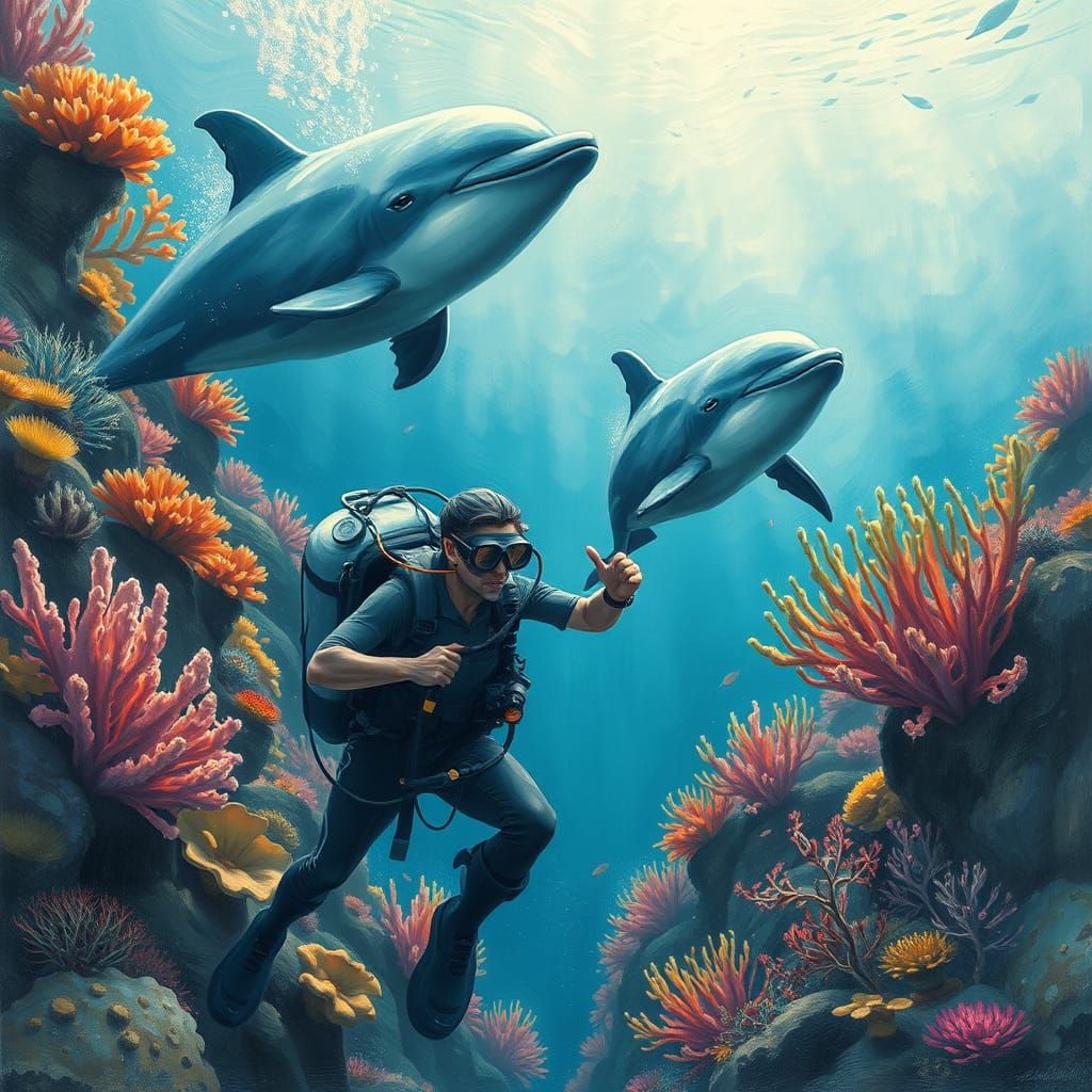 Diver, Dolphin, and Whale in Coral Reef: Charcoal Drawing