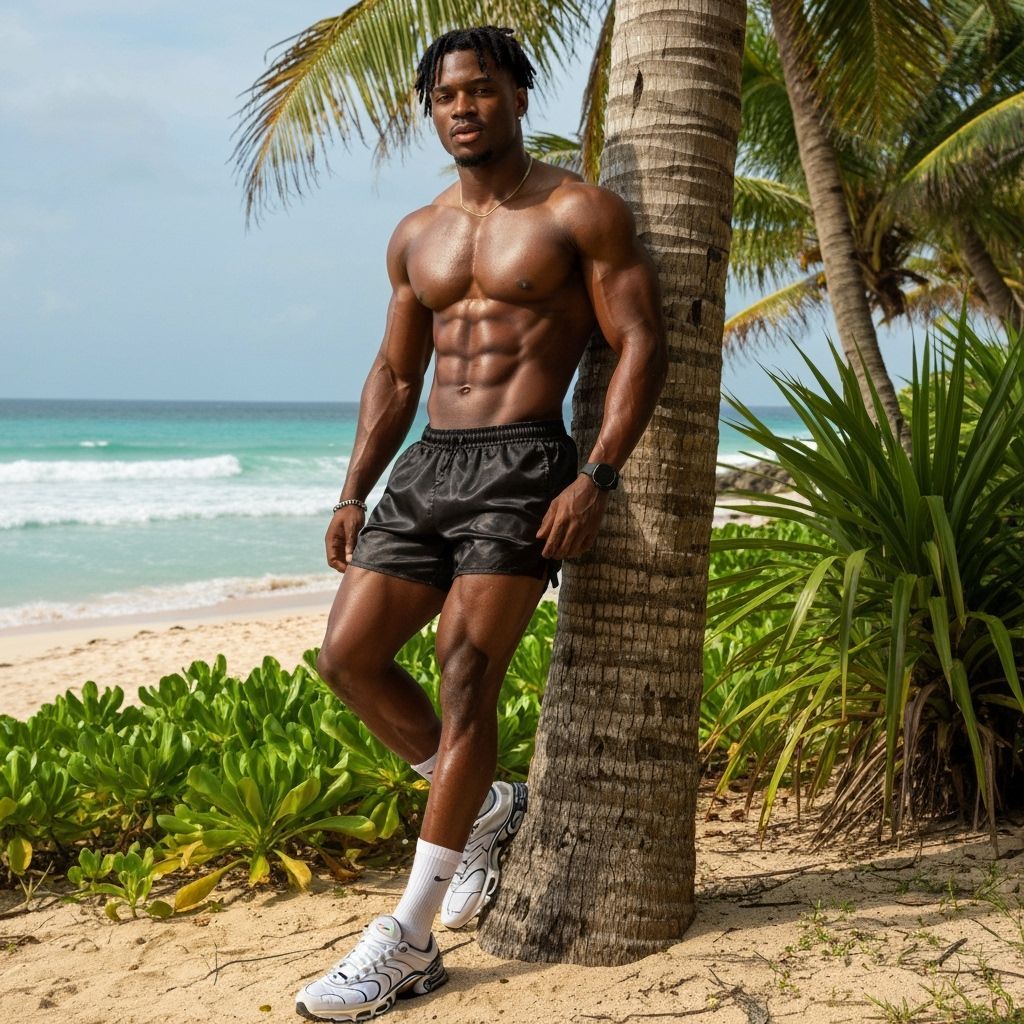 Athletic African Man on Tropical Beach in Sunlight