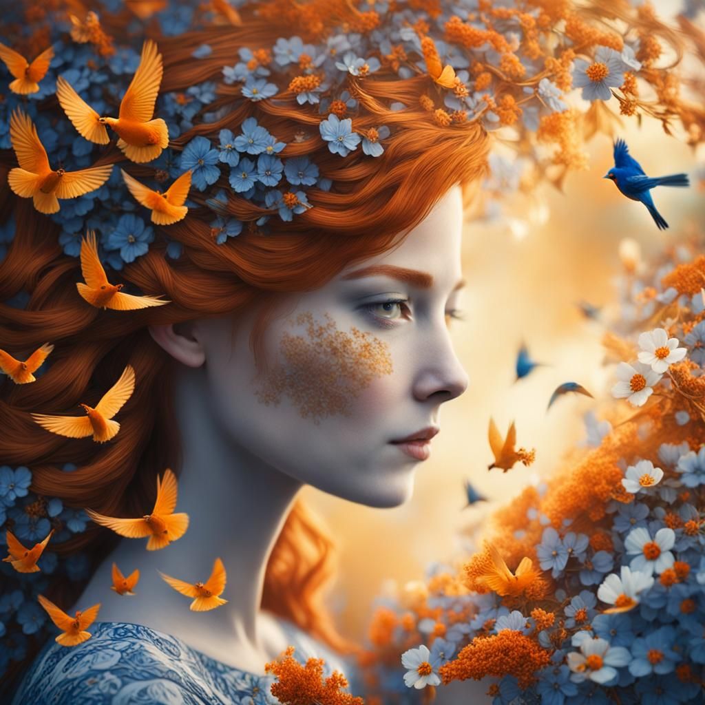 Redhead Portrait with Birds and Flowers in Professional Phot...