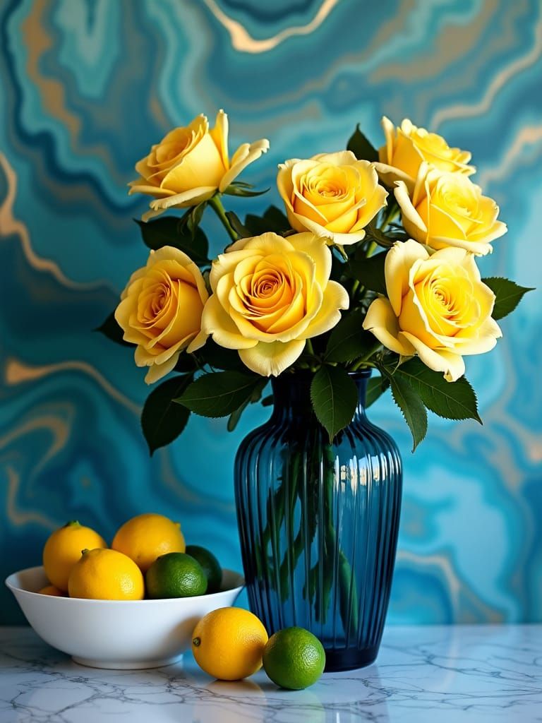 Still Life with Roses, Lemons and Abstract Background