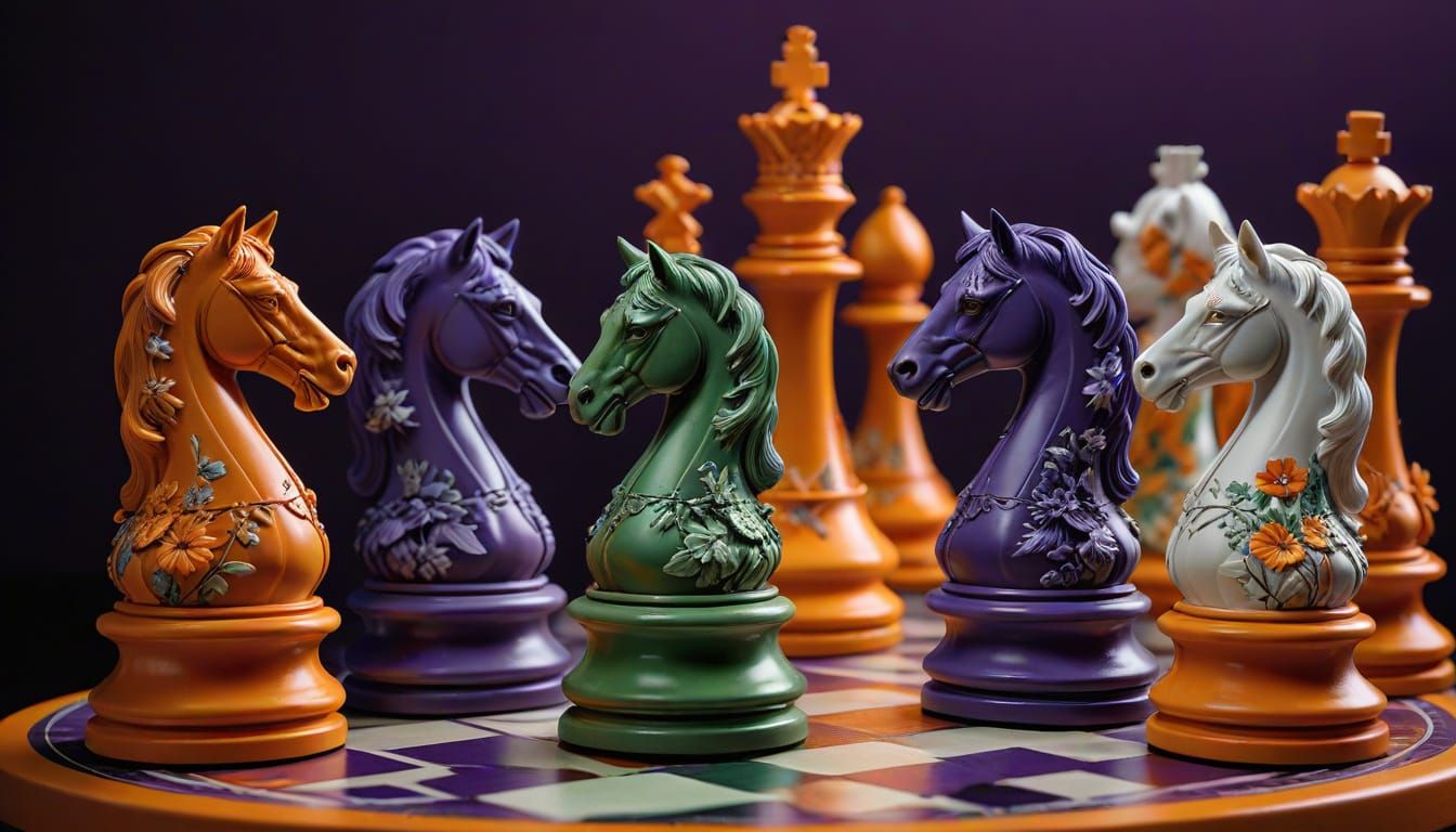 Luxurious Floral Wedgwood Chess Set on Vibrant Purple-Orange...