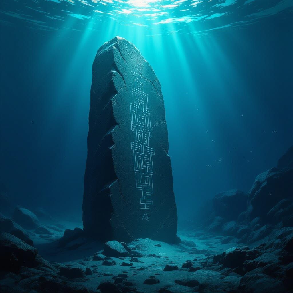 Ancient Monolith in Deep Sea Trench with Bioluminescence