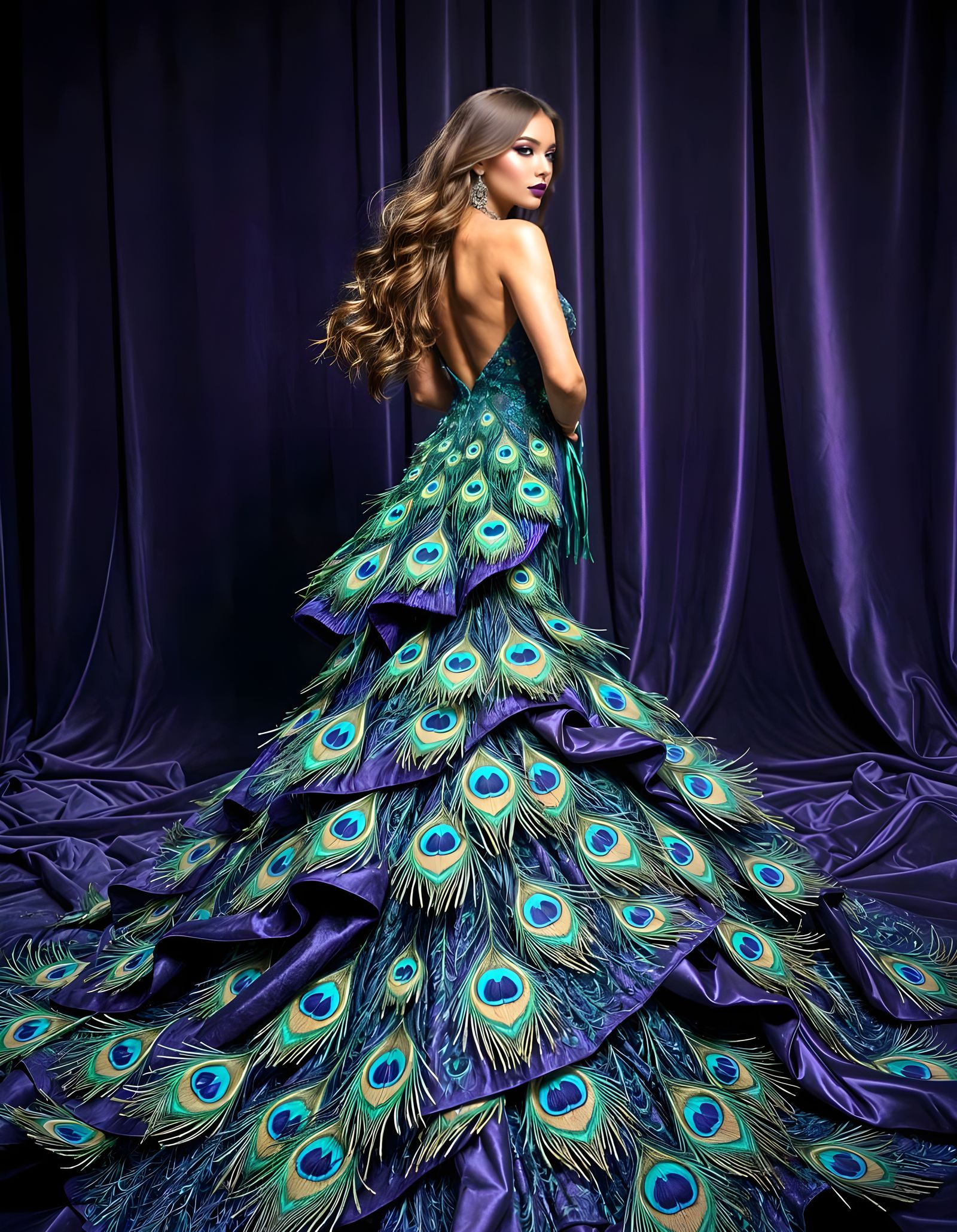 Woman in Majestic Peacock Gown with Flowy Hair