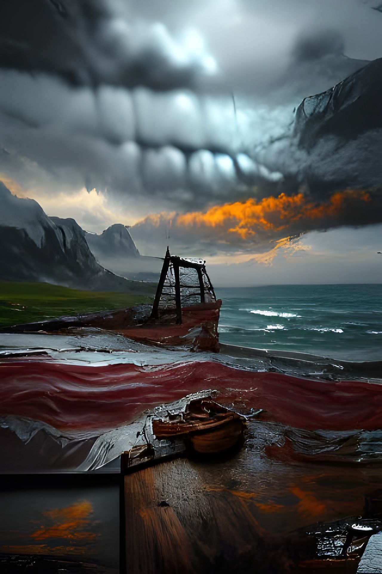 Pirate Ship Wreck in Stormy Sea, Hyperrealistic Painting