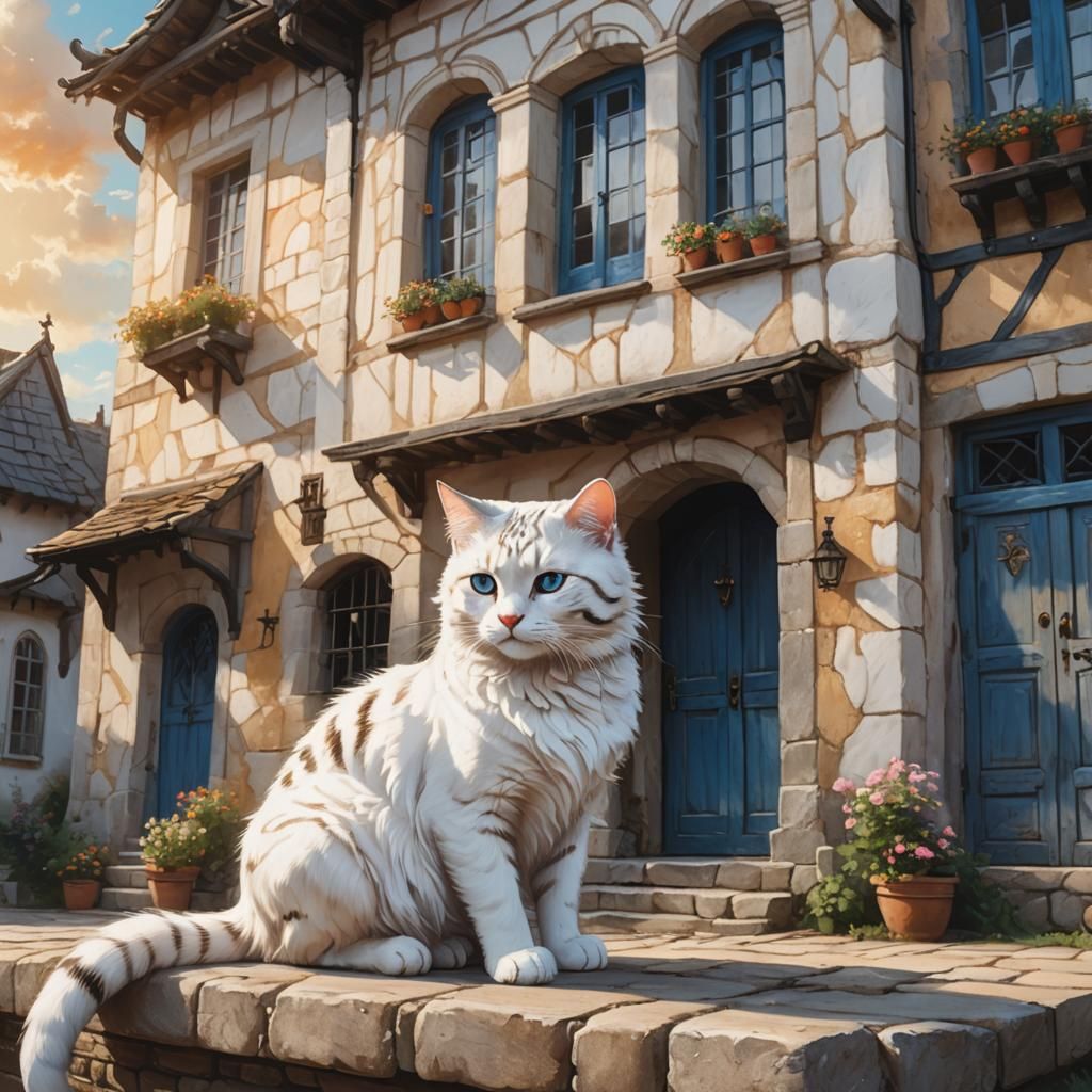 White Striped Cat in Medieval City, Storybook Style