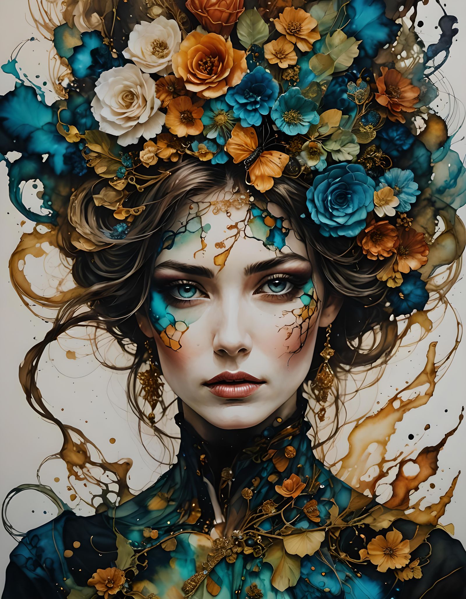 Surreal Woman Portrait in Alcohol Ink Style