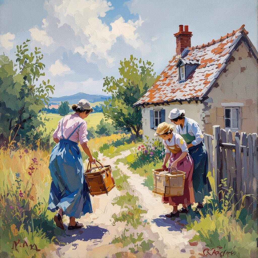 Gathering Belongings in Impressionist Gouache Style