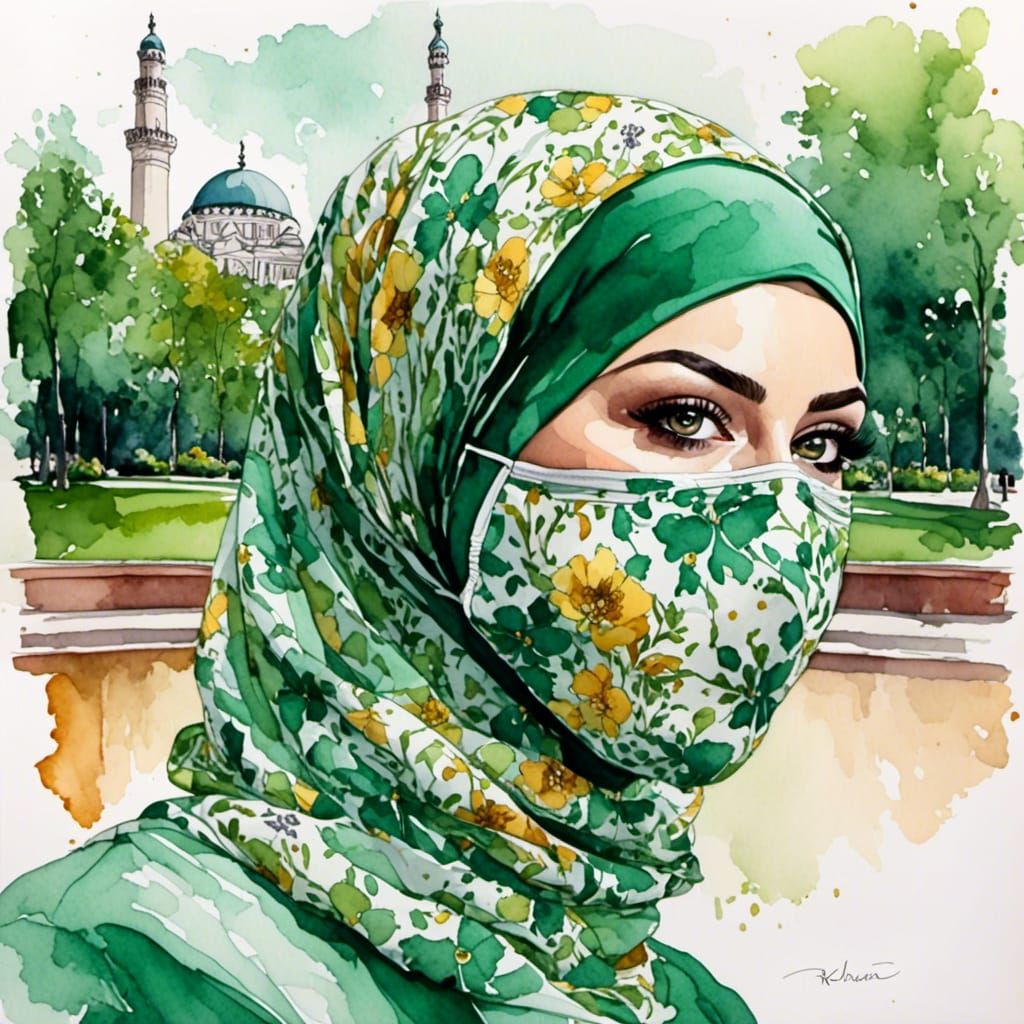 Beautiful Hijabi Woman Portrait in Watercolor Style