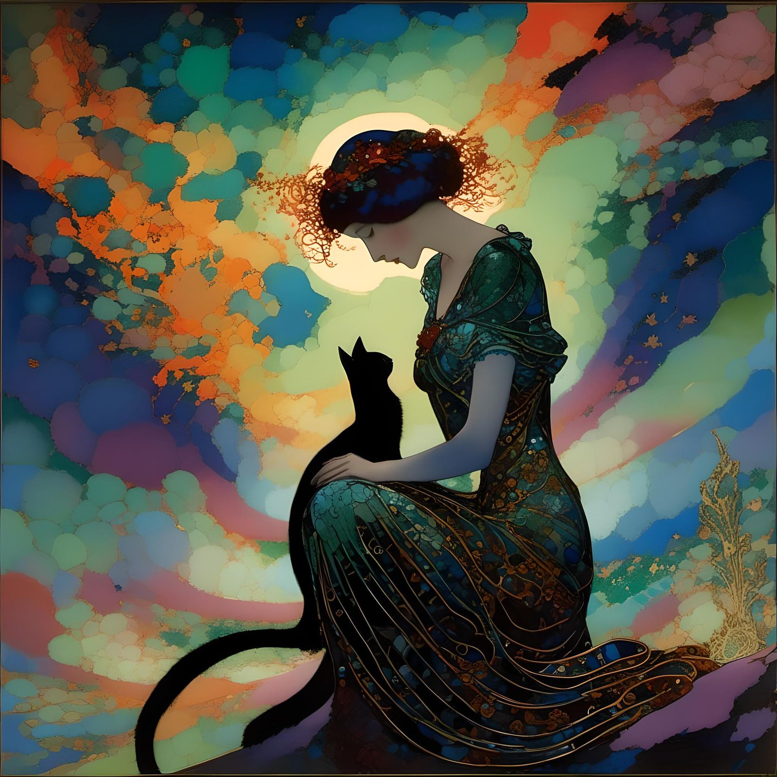 Woman and Cat in Aurora: Cloisonné Impressionism