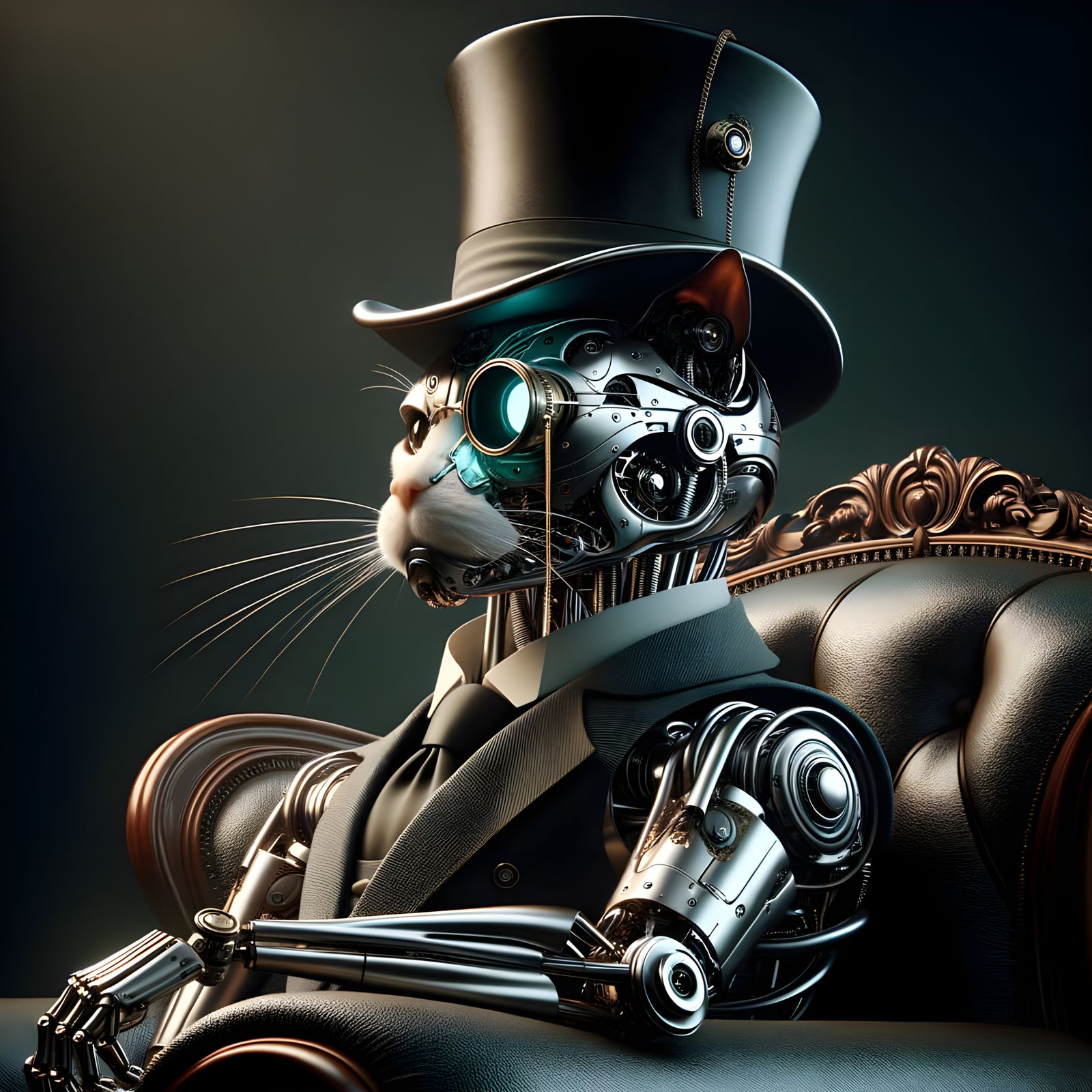 Steampunk Cyborg Cat in Top Hat and Monocle