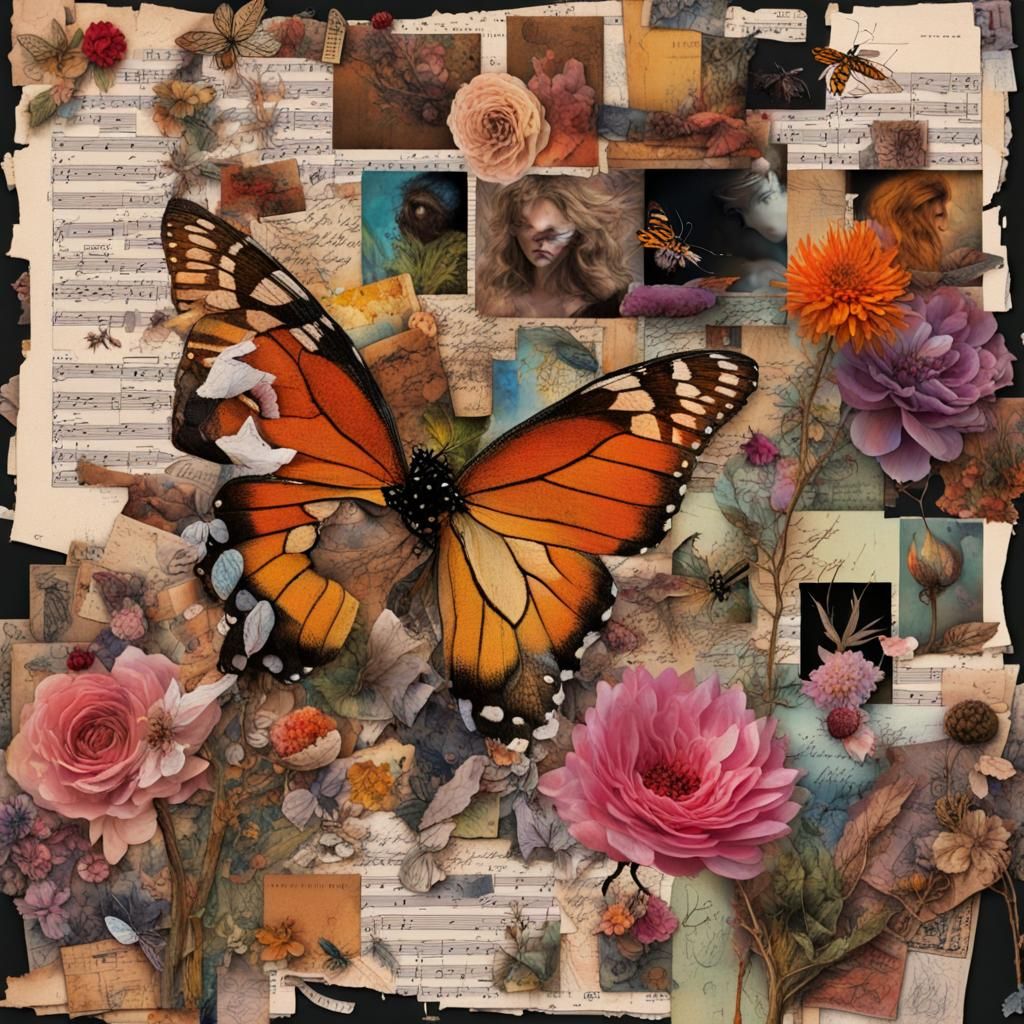 Glitch Art Collage with Floral and Insect Motifs