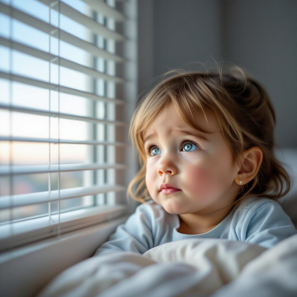 Sad Child Glimpses Sky Through Window
