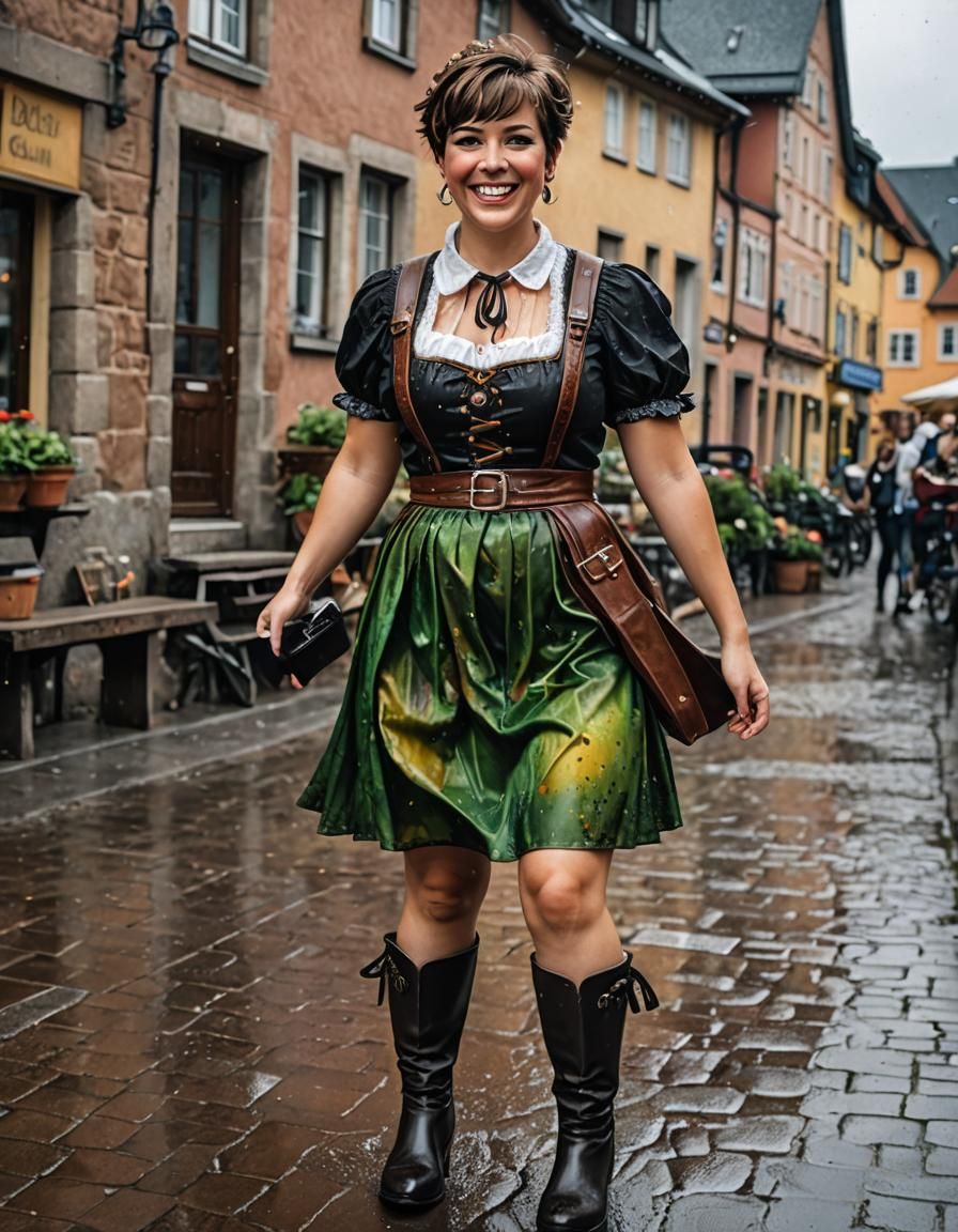 Woman in Leather Dirndl Walking in Rainy German Town