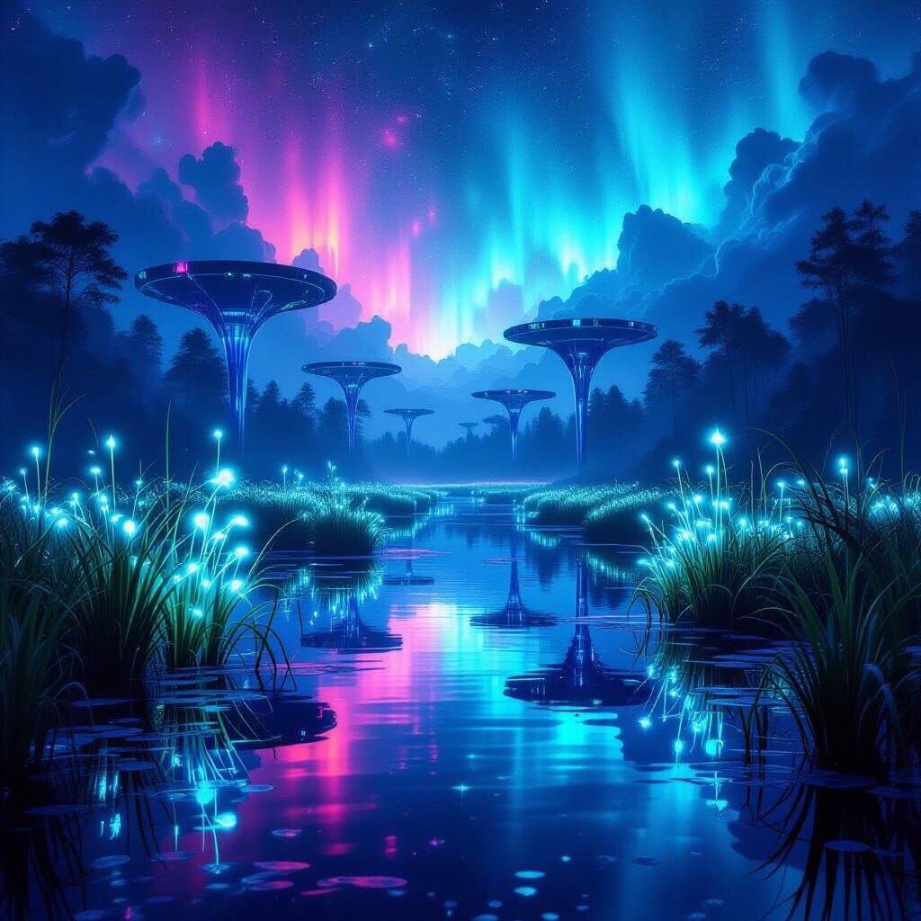 Alien Swamp with Prismatic Auroras and Fractal Platforms