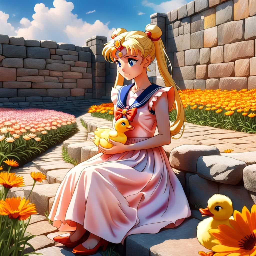 Sailor Moon wearing light pink orange long dress she sit nex...