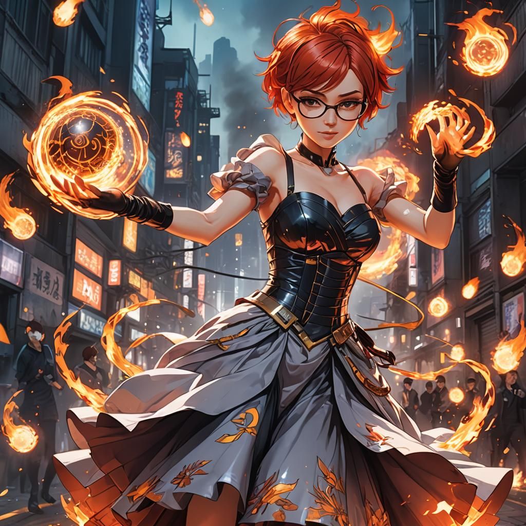 Cyberpunk Fire Dancer in Anime Style
