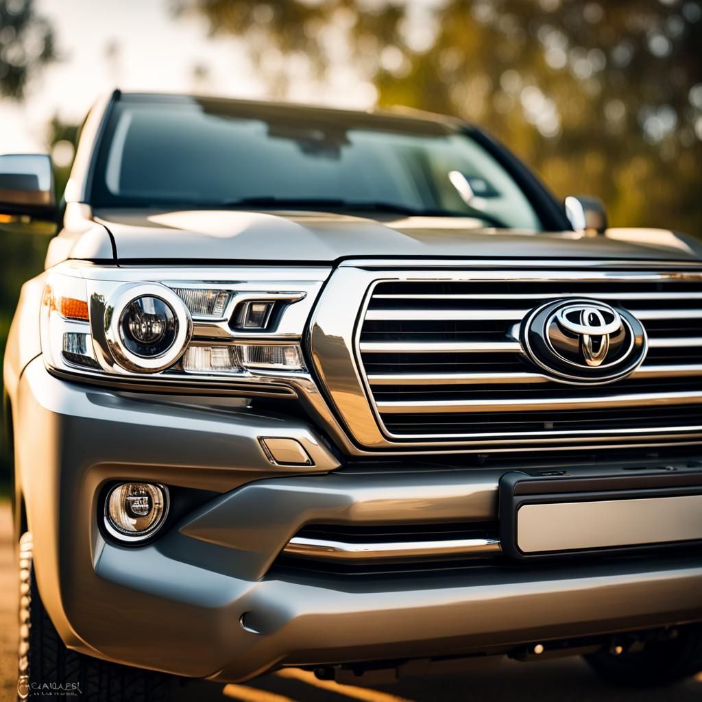 Close up photo of the front grille of a Toyota Landcruiser, focusing on the badge.