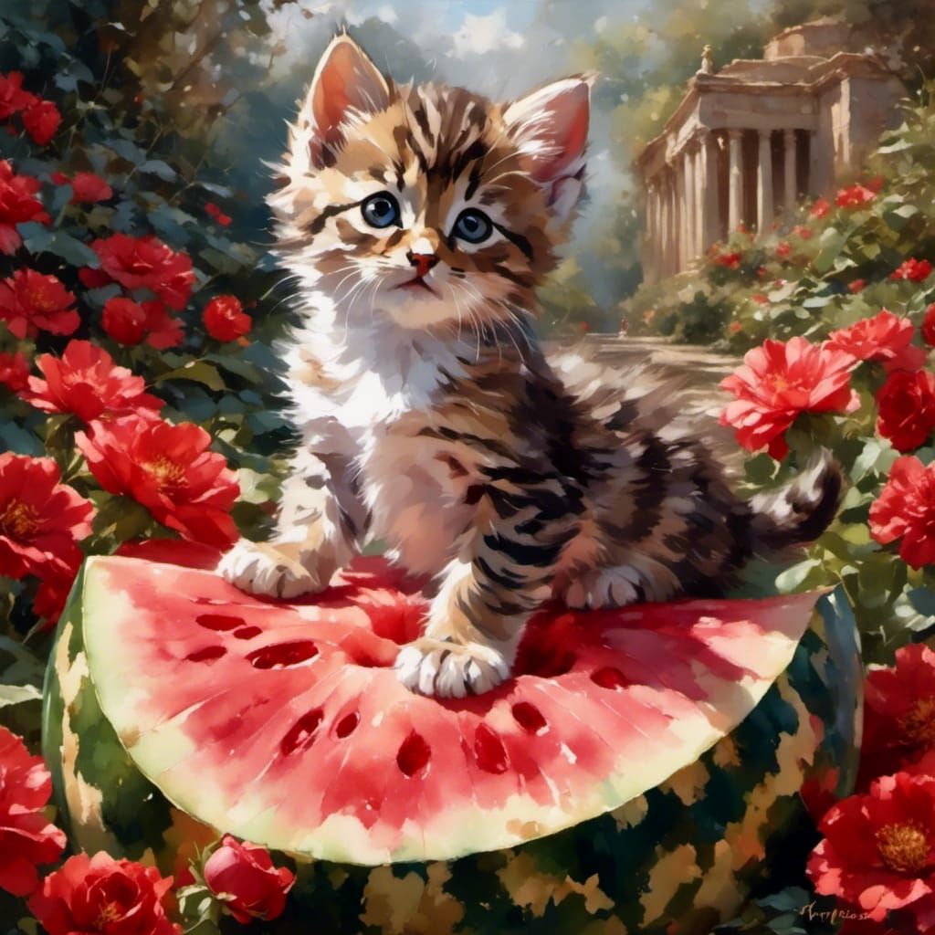 Tabby Kitten Sitting on a Watermelon