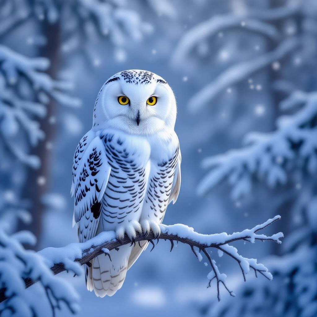 Majestic Snowy Owl in Winter Forest Digital Painting