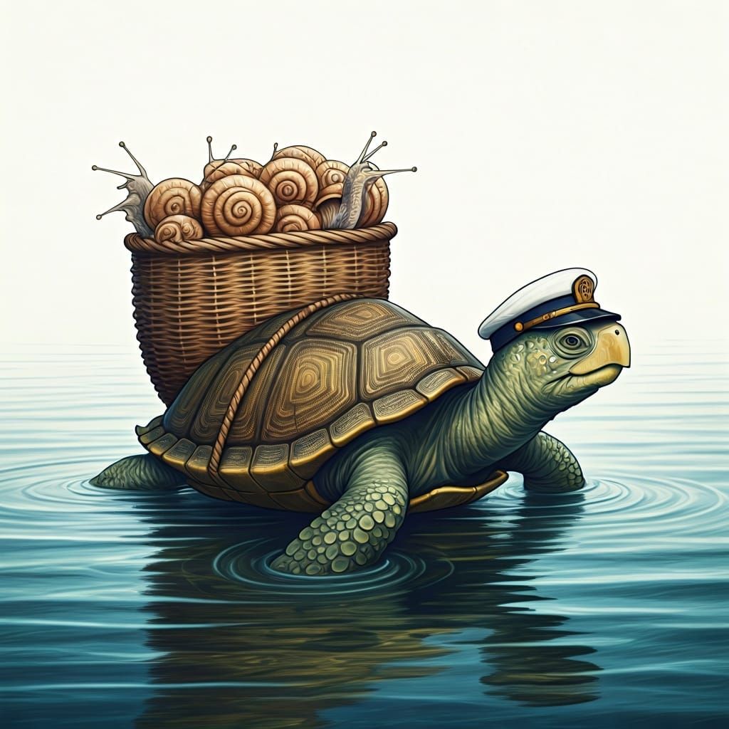 Turtle Ferryman with Snails, Storybook Illustration