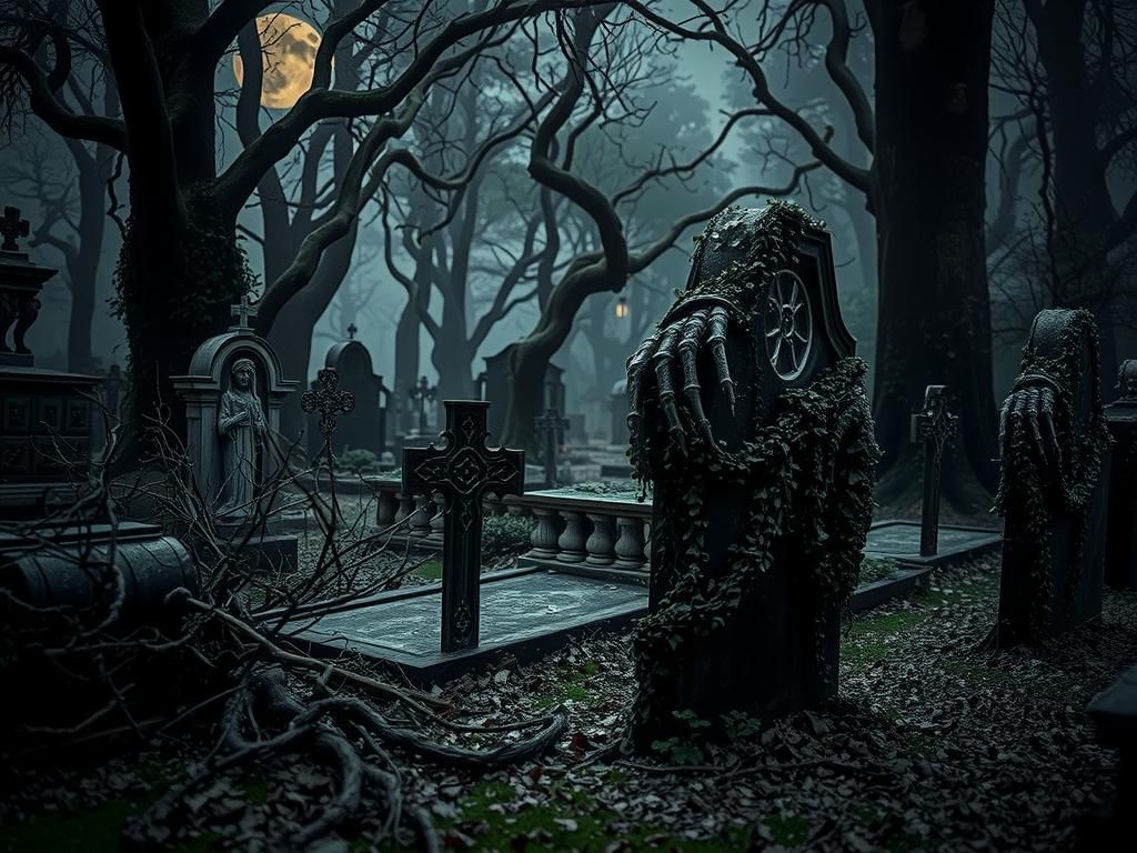 Bioluminescent Graveyard in Ethereal, Cinematic Style