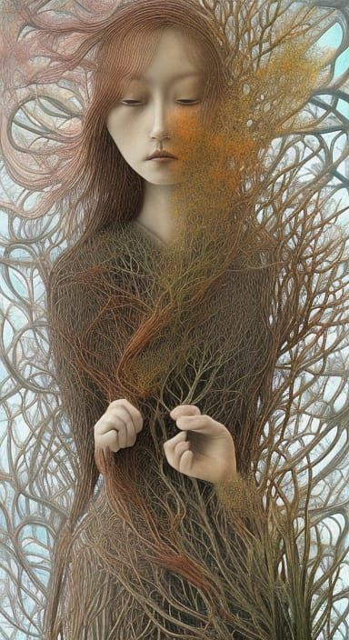 Wooden Figure in Glass Forest: Oil Painting