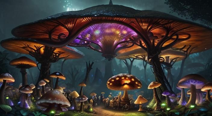 A group of snails attending a secret garden party late at night under the canopy of glowing mushrooms Epic cinematic bri...