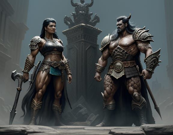 Two Female Barbarians at a Merchant Bank in Fantasy Art Styl...