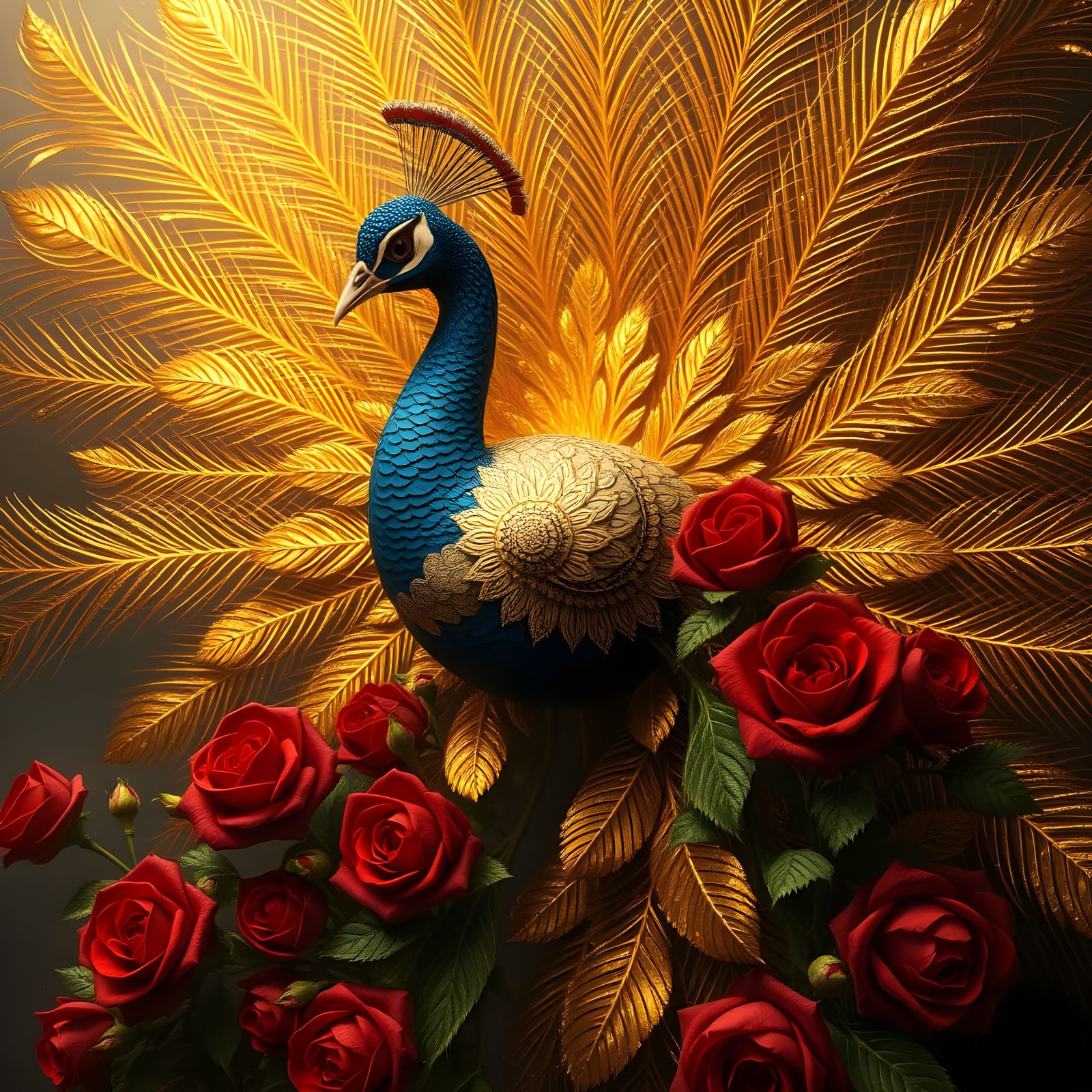 Epic Cinematic Golden Peacock amidst Red Roses