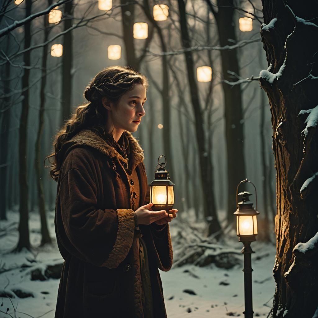 Lucy Pevensey and Mr Tumnus in Moonlit Forest