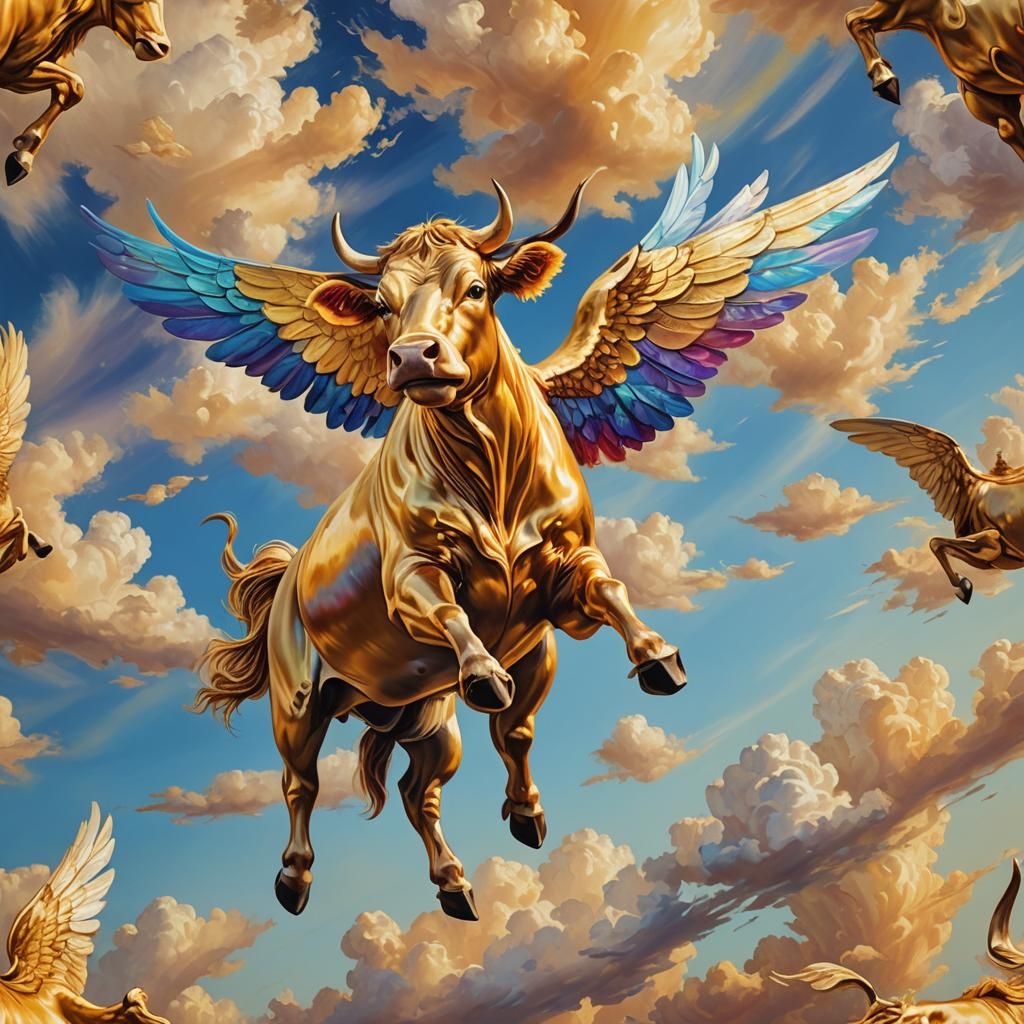 Golden Cow Soaring: Surreal Oil Painting
