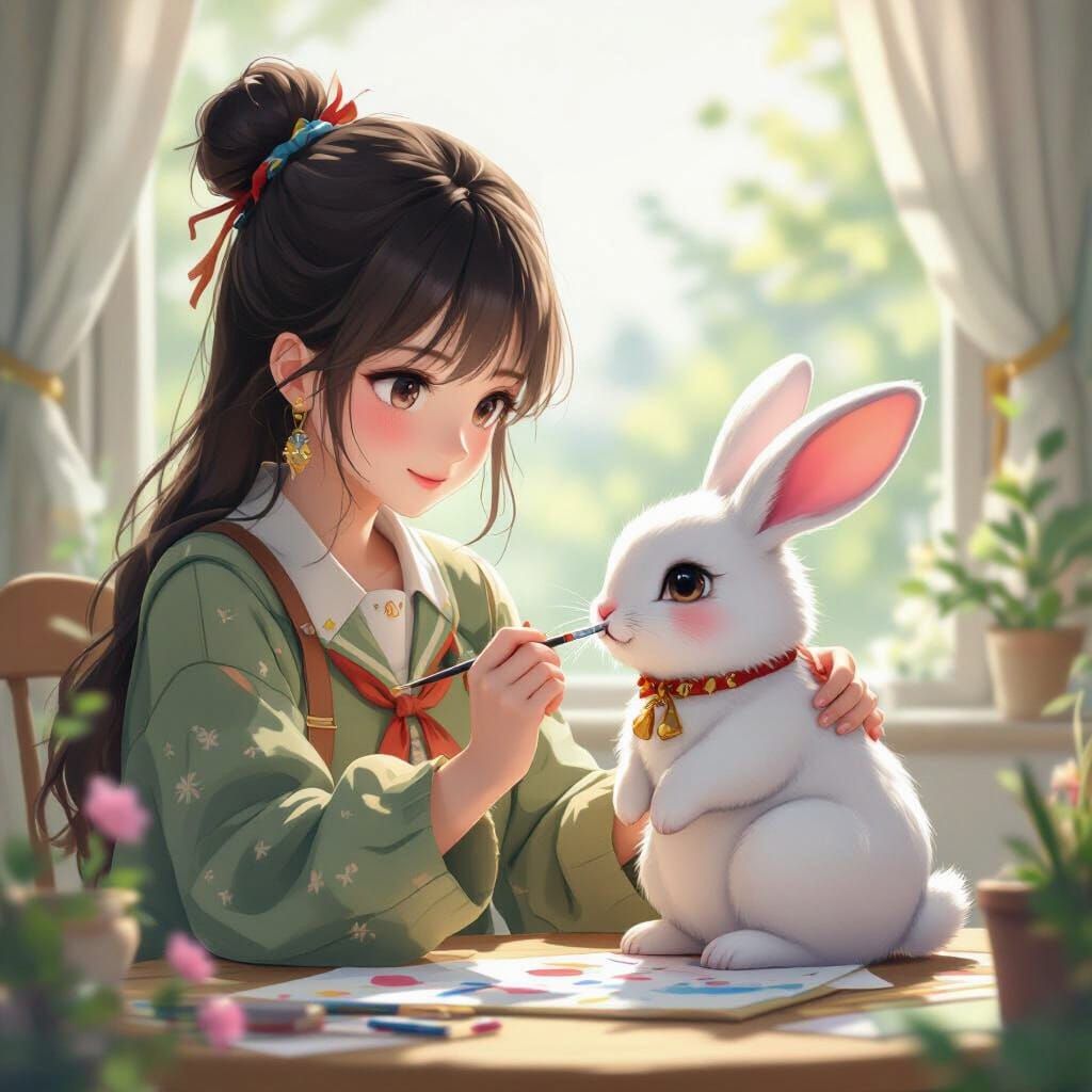 Korean Girl and Bunny: 3D Anime Art