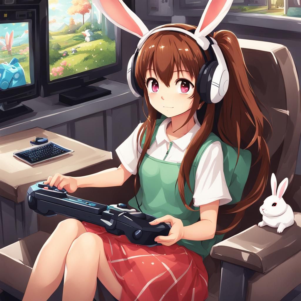 Anime Girl with Rabbit Ears Playing Video Games