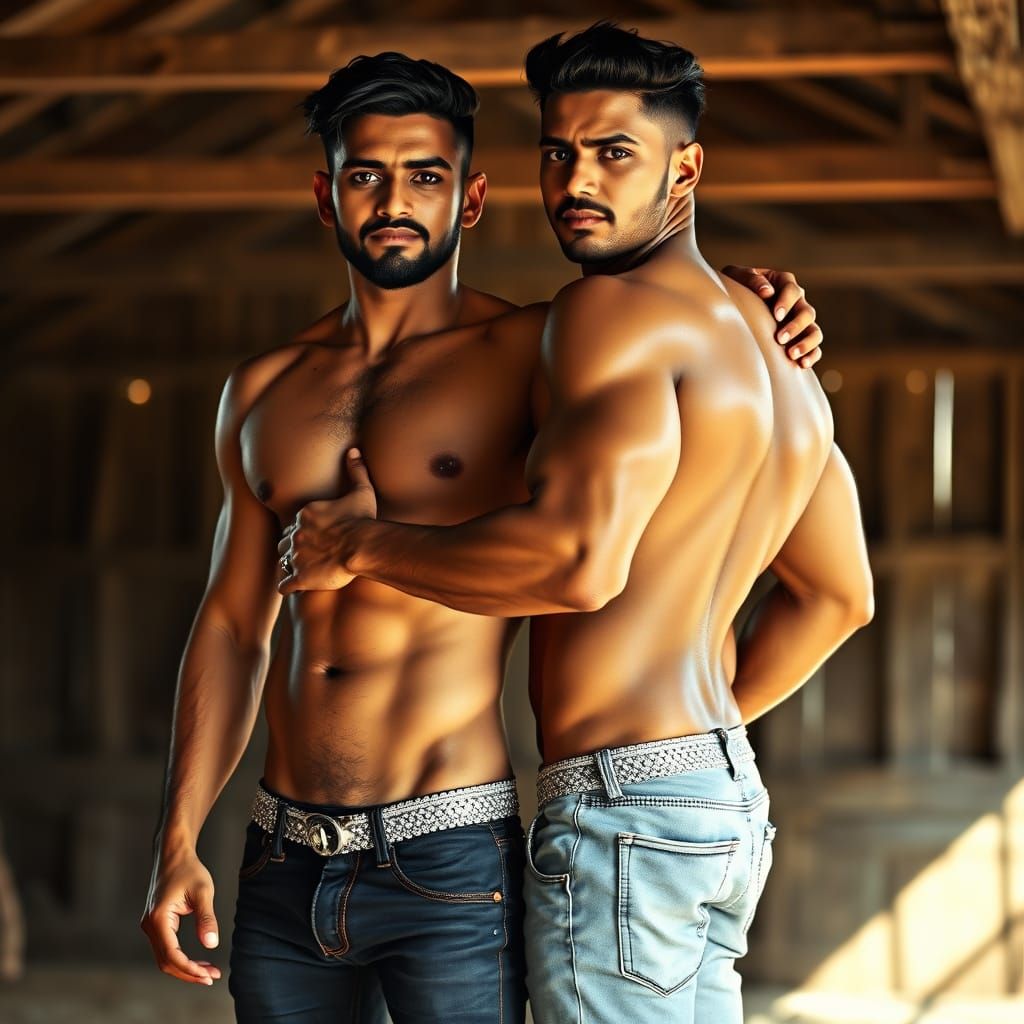 Two Muscular Men Embrace in Rustic Barn
