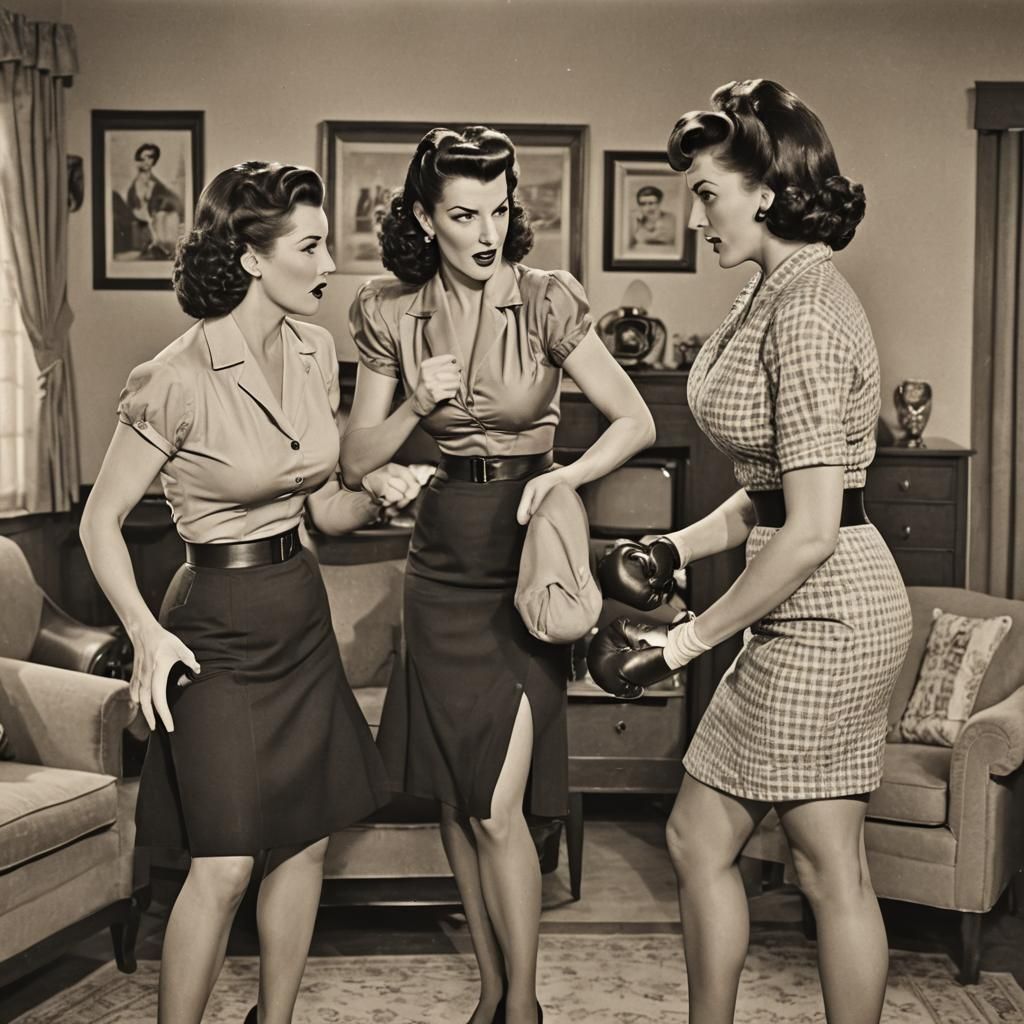 Vintage Pin-Up Housewives Catfight in 1940s Living Room