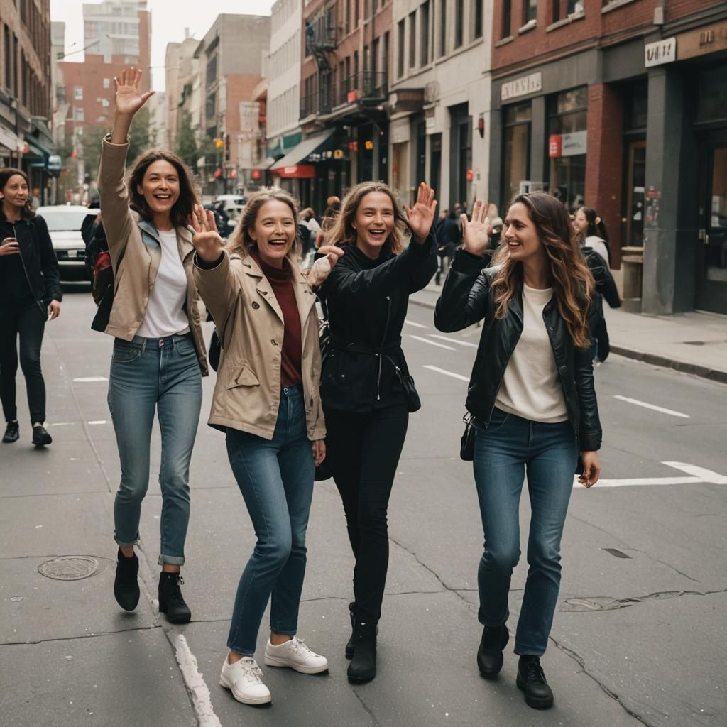 Downtown Women Reach for Camera in Film Photo