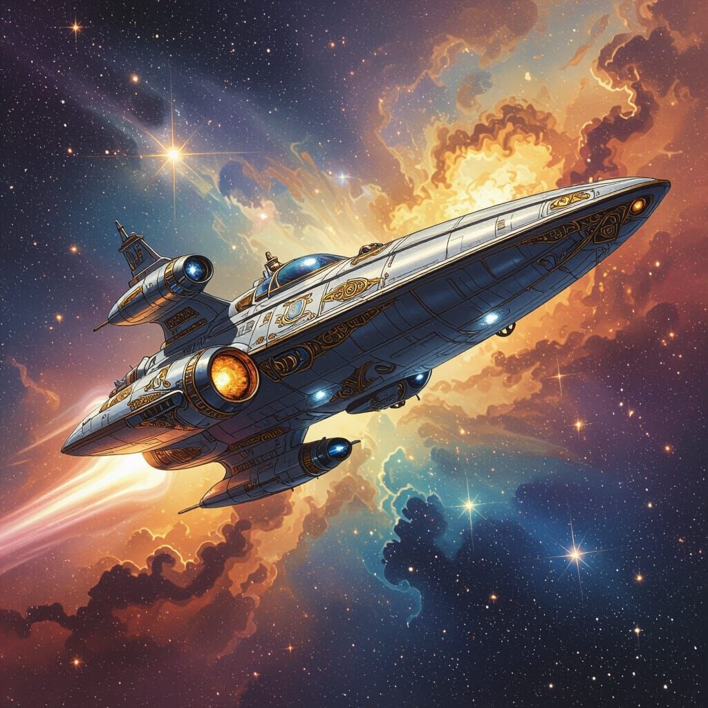 Majestic Spaceship Soaring Through Vibrant Nebula