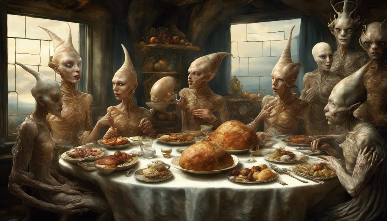 Bizarre Feast: Dreamlike Alien Celebration in 8K